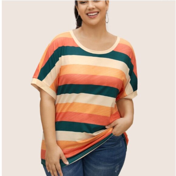 BloomChic Size M Colored Striped Crew Neck Batwing Sleeve T-shirt us size 10 - Picture 1 of 5